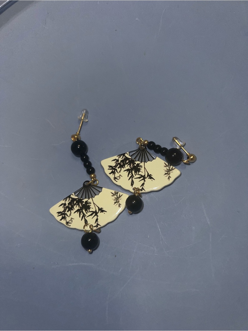Black & Cream Fan Drop Earrings with Botanical Detail - Women Jewelry